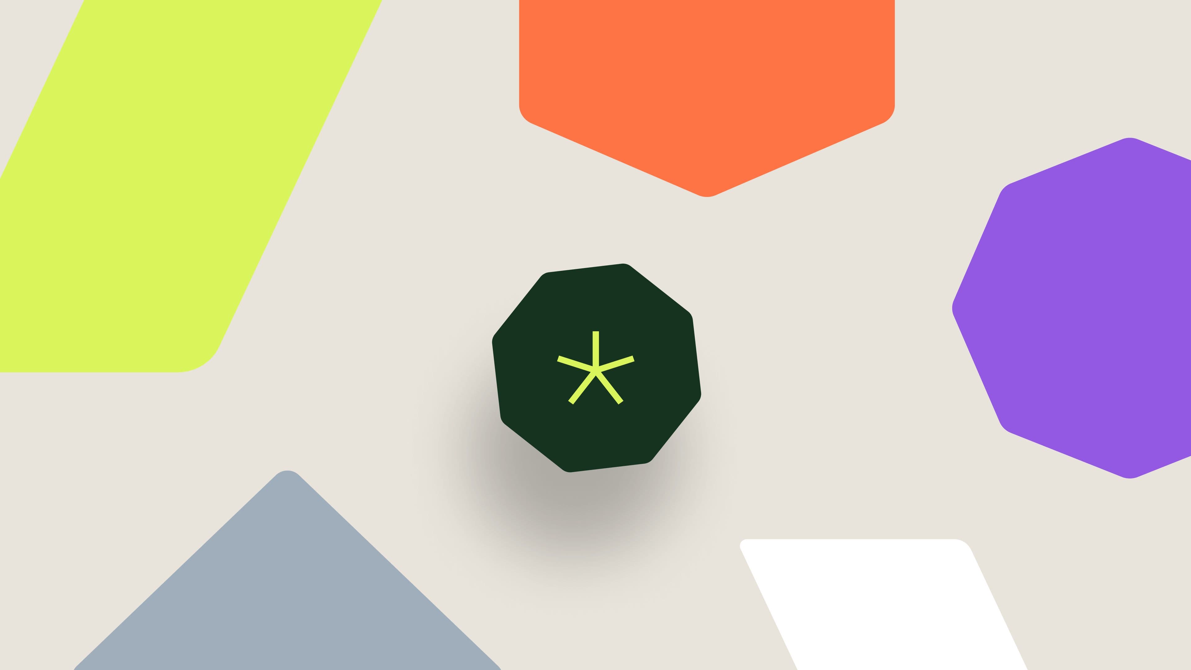 a green octagon with a star in the middle is surrounded by colorful geometric shapes .