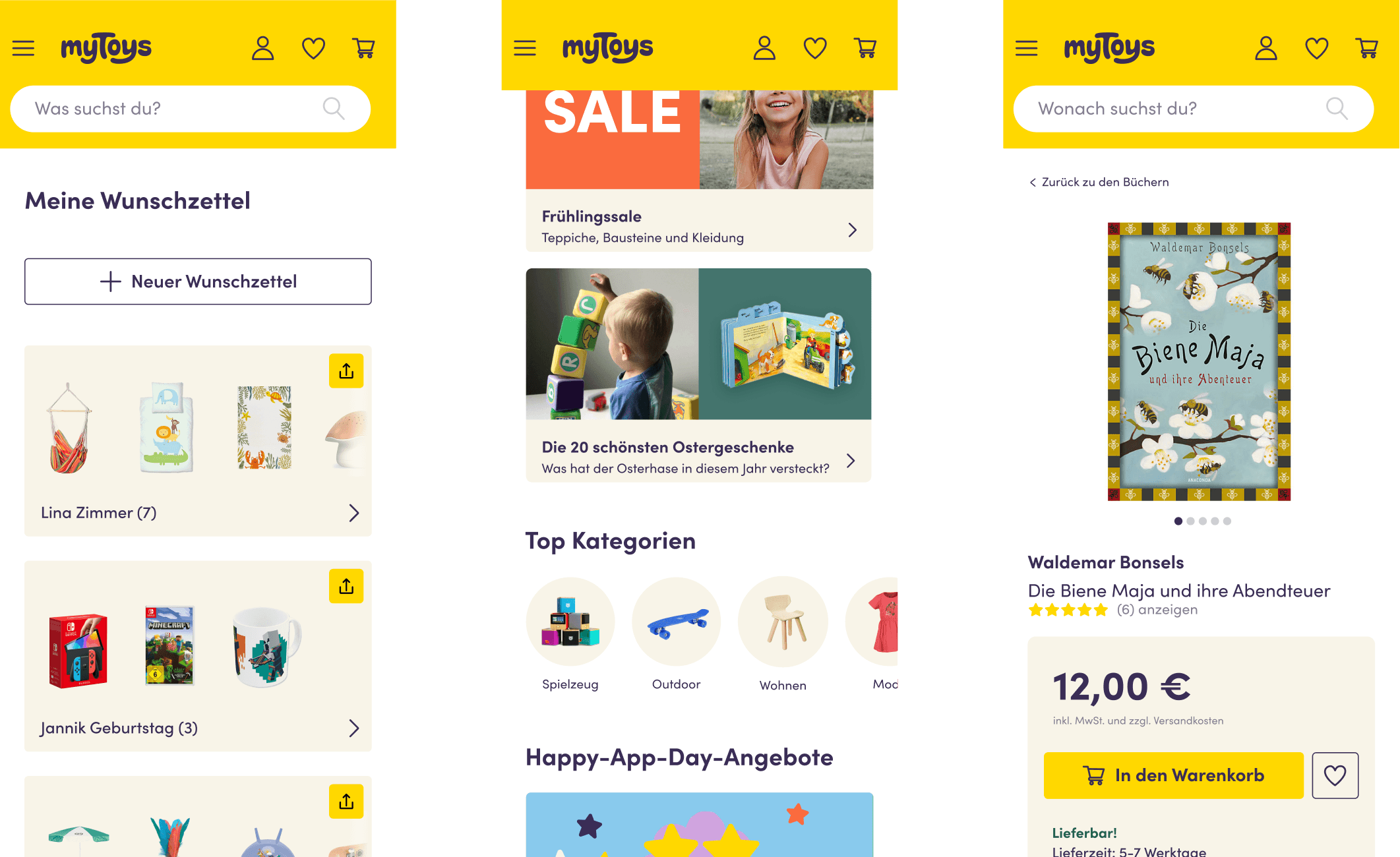 Drei Smartphone-Ansichten der myToys-Website: eine Merkliste, die Startseite mit Sales und Kategorien sowie eine Produktdetailseite für ein Kinderbuch.