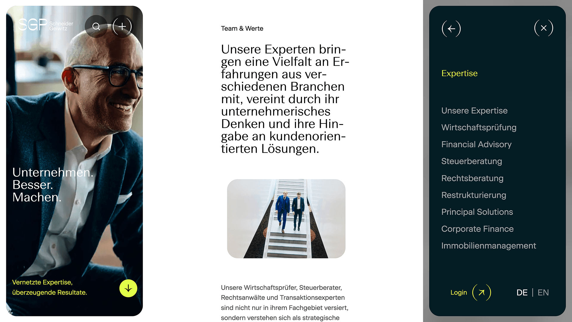 Three mobile phone screens display a German business website, showing a smiling man, two men on stairs, and a services menu.