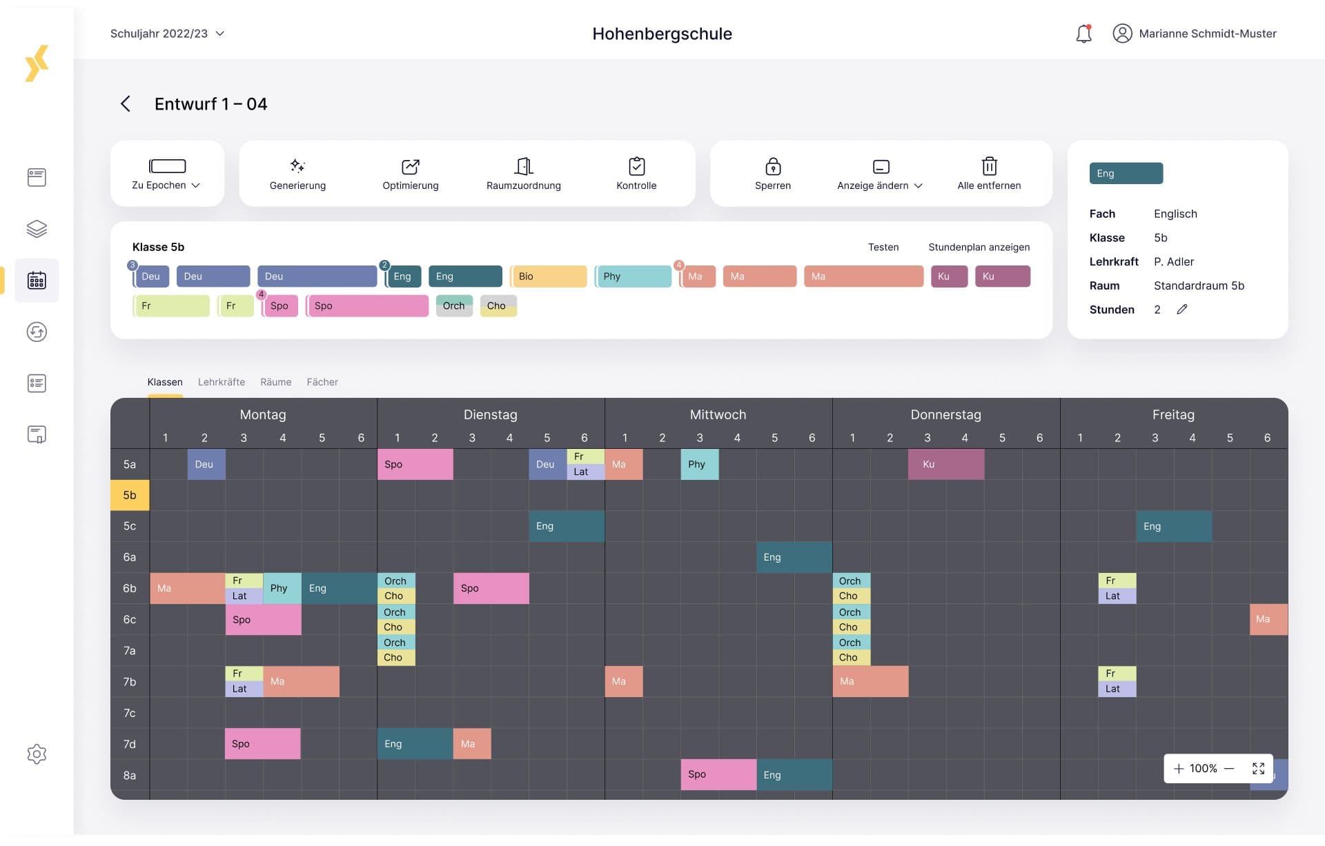 A dark-themed digital school timetable software displaying a weekly schedule grid with classes, subjects, and scheduling tools.