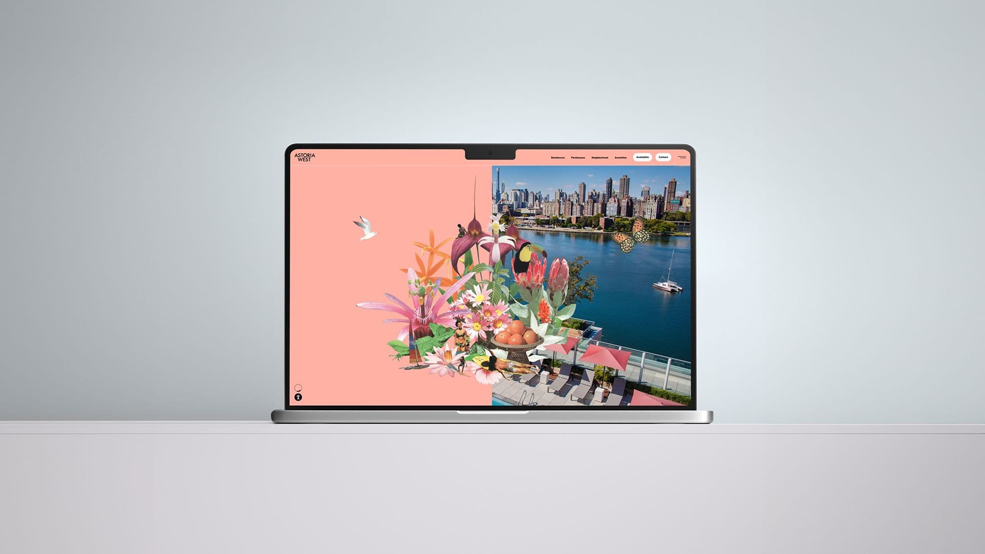 A laptop displays a colorful website with a split screen: an illustration of flowers and a bird on a peach background, next to a photo of a city skyline over water.