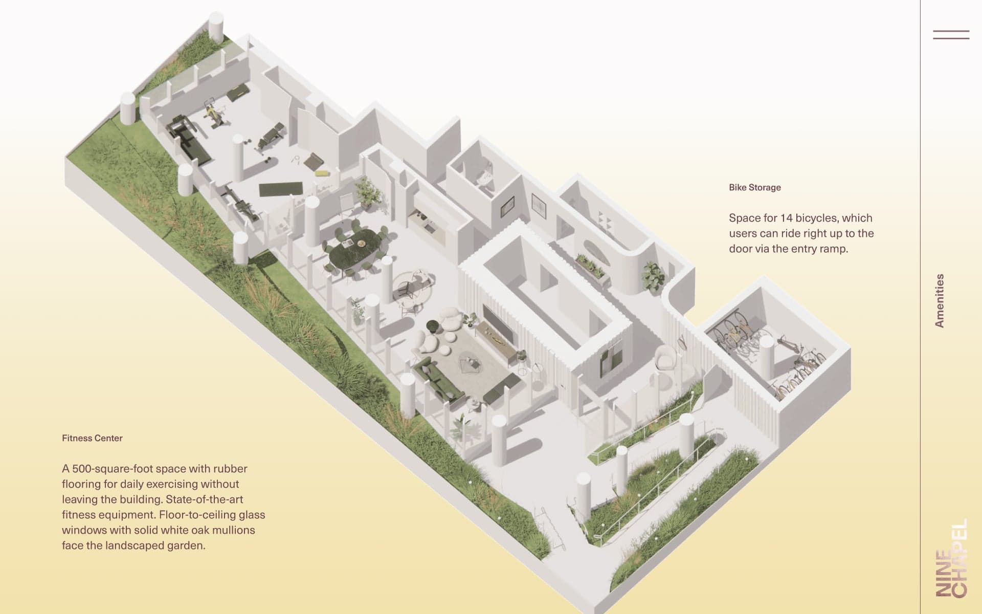 Isometric architectural rendering of a building's amenity floor plan, featuring a fitness center, communal lounges, bike storage, and landscaped outdoor areas.