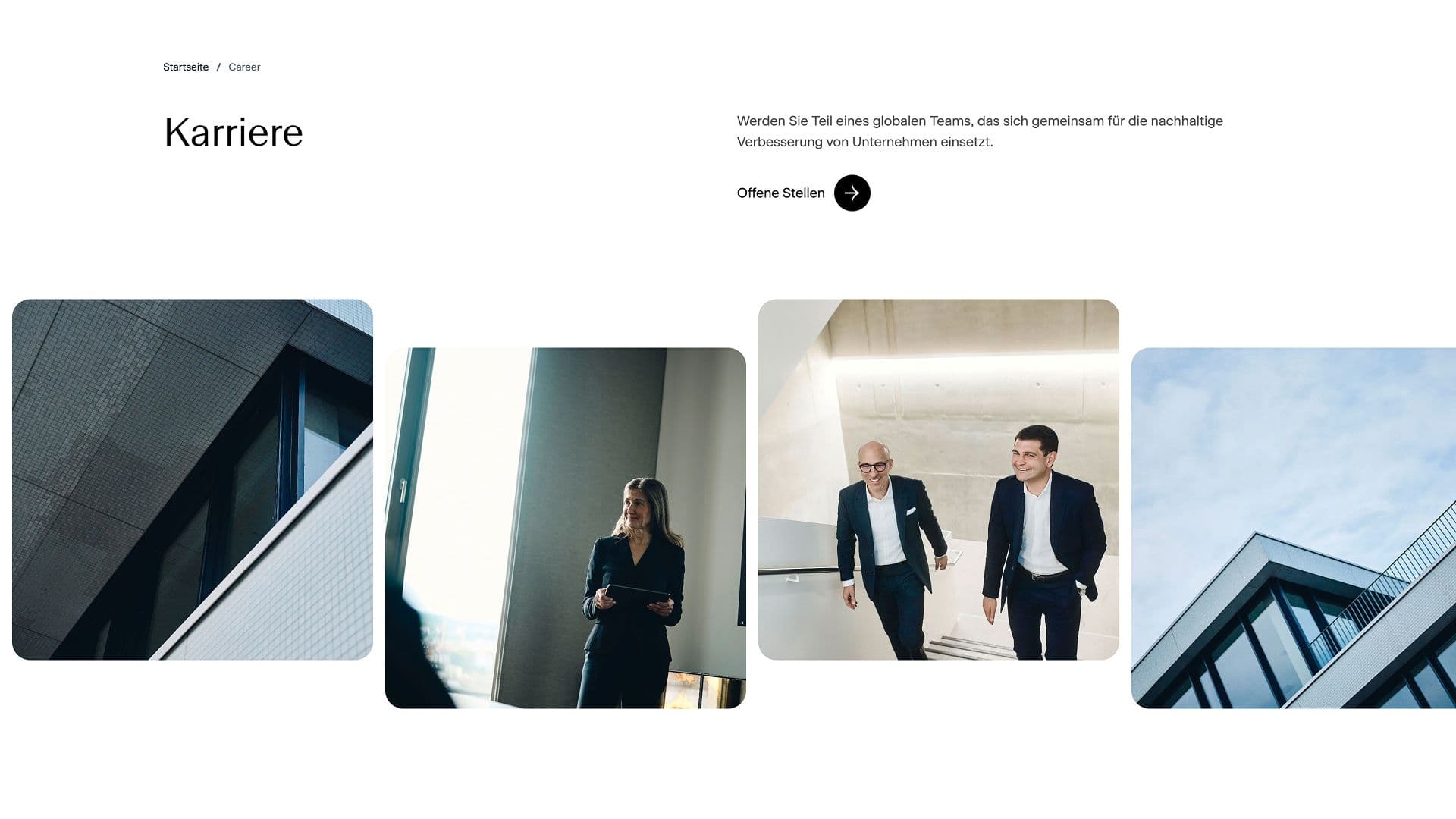 Careers webpage displaying business professionals and modern architecture.