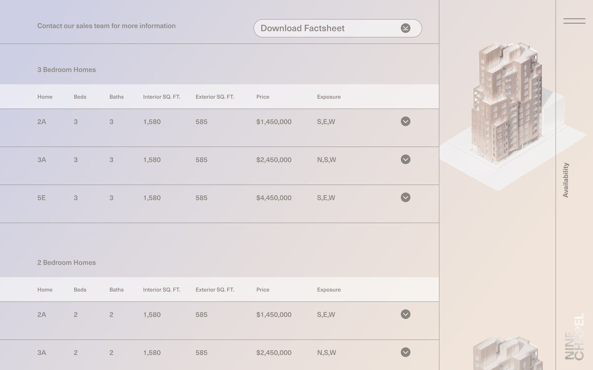 Table of apartment availability for 2 and 3-bedroom homes with price, size, and exposure details, next to a 3D model of a building.