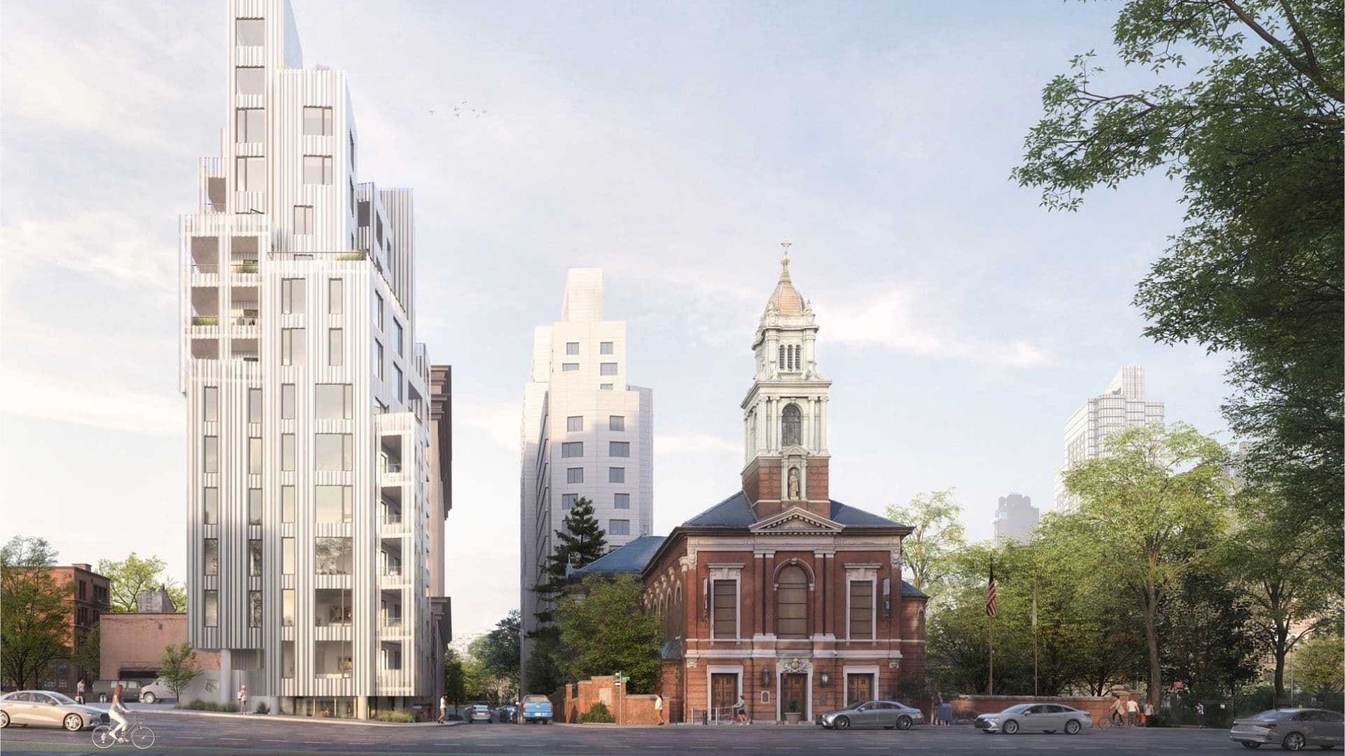 A tall, modern white building stands beside a historic red brick church with a steeple, on a city street.