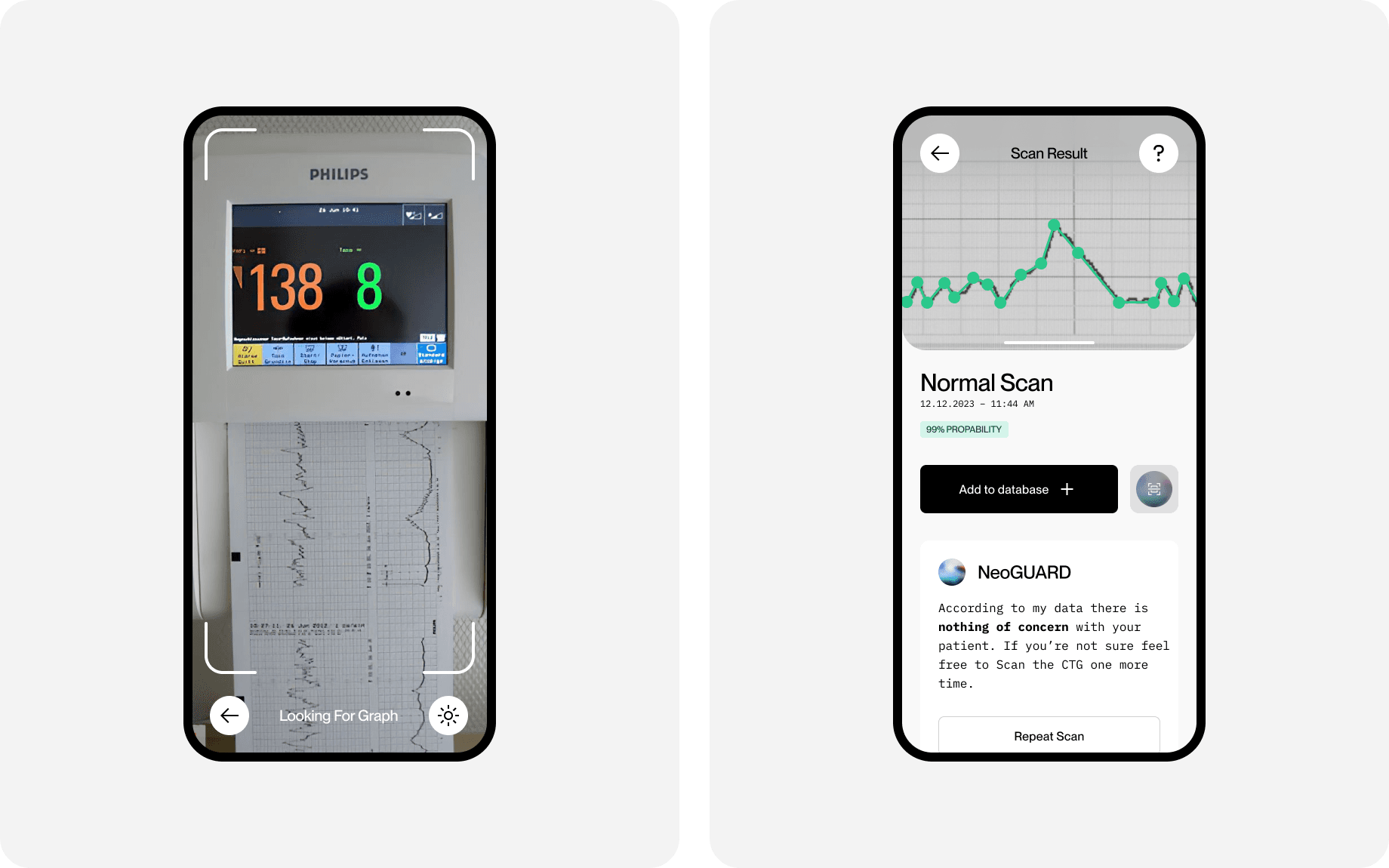 Links: Philips-Medizinmonitor mit den Werten 138 und 8 über einem medizinischen Diagrammausdruck innerhalb weißer Scan-Markierungen. Rechts: Mobiler App-Screen mit dem Ergebnis „Normal Scan“, grüner Liniengrafik, 99 % Wahrscheinlichkeit und NeoGUARD-Hinweis ohne Auffälligkeiten.
