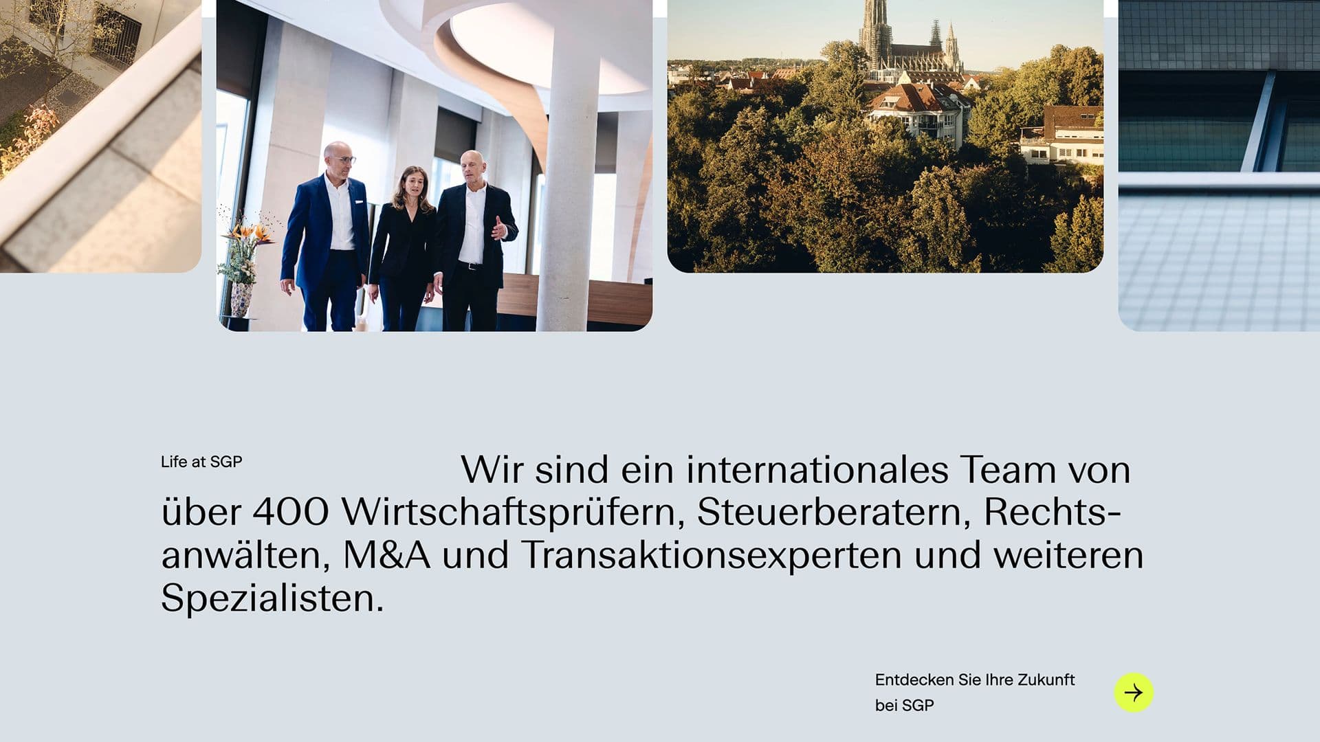 Three professionals walk in a modern office, surrounded by architectural and city images.