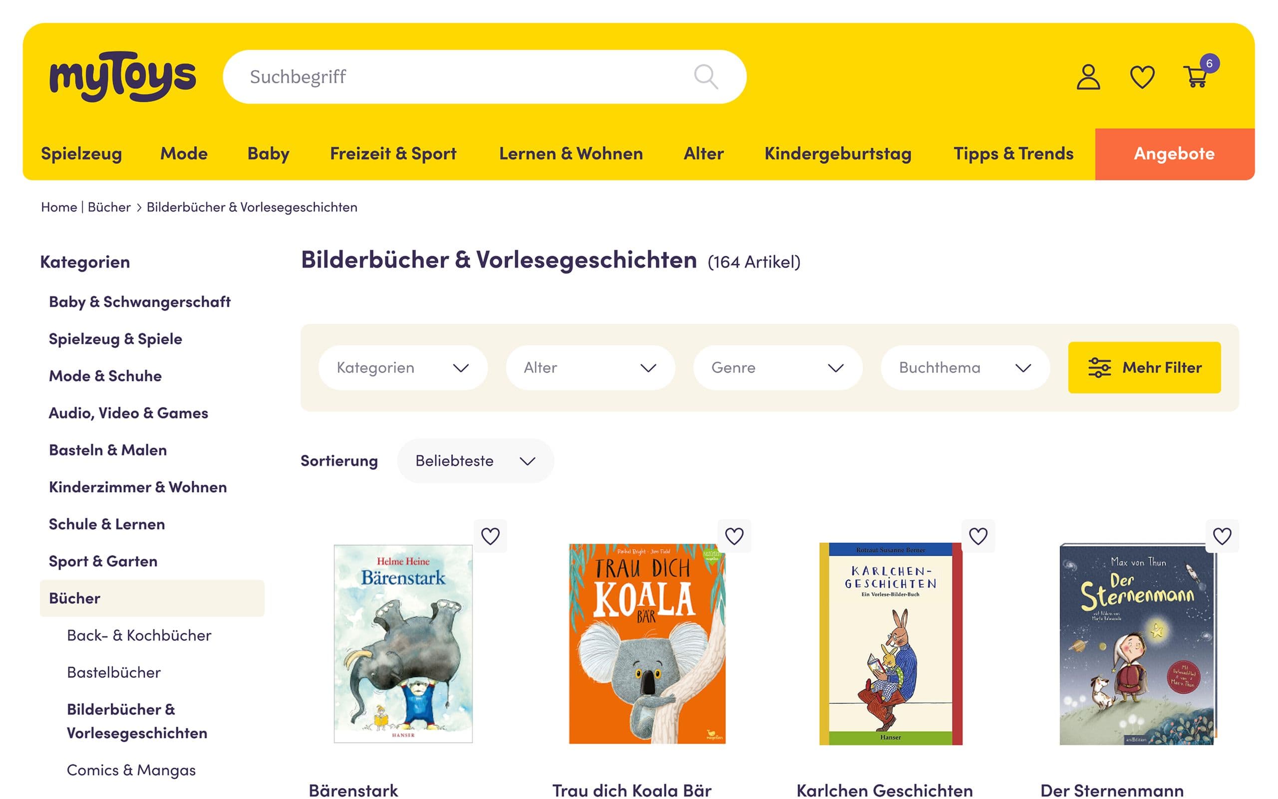 Die myToys-Website mit einer Auswahl an Bilder- und Vorlesebüchern für Kinder.