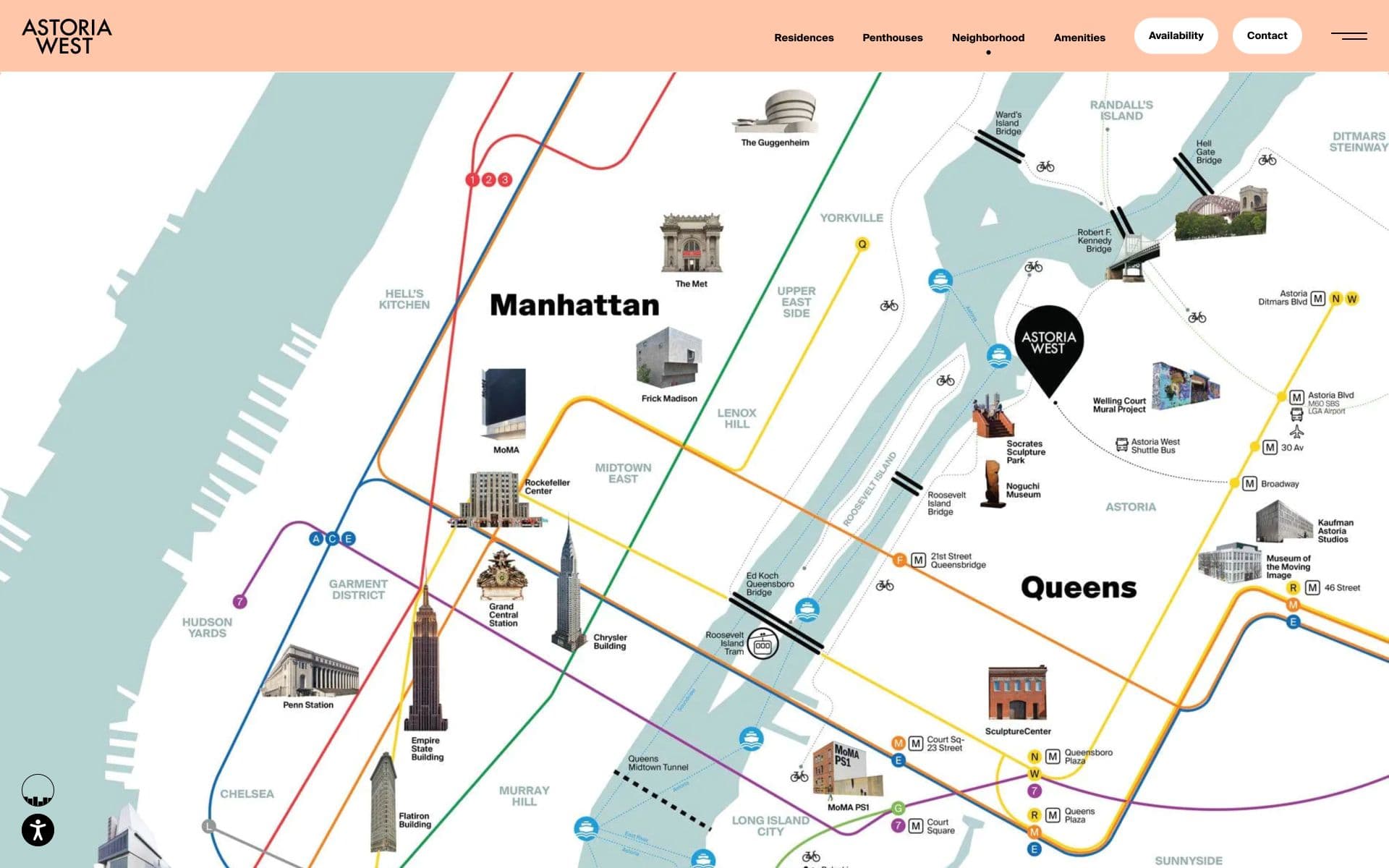 Map of New York City highlighting Astoria West, with landmarks, subway lines, and bike routes in Manhattan and Queens.