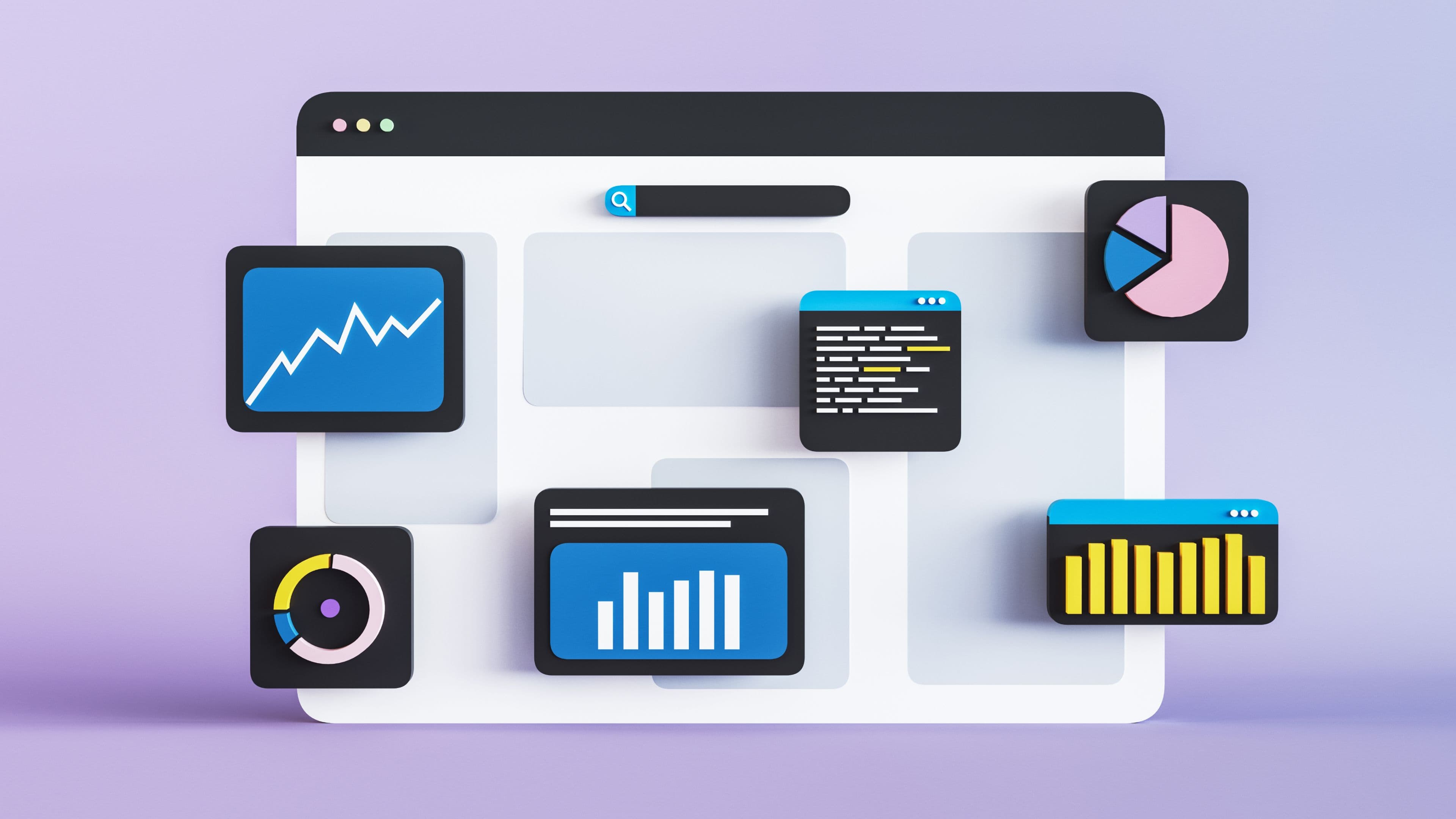 Visualization of a modern design system featuring interactive UI elements, charts, and code modules for data-driven applications