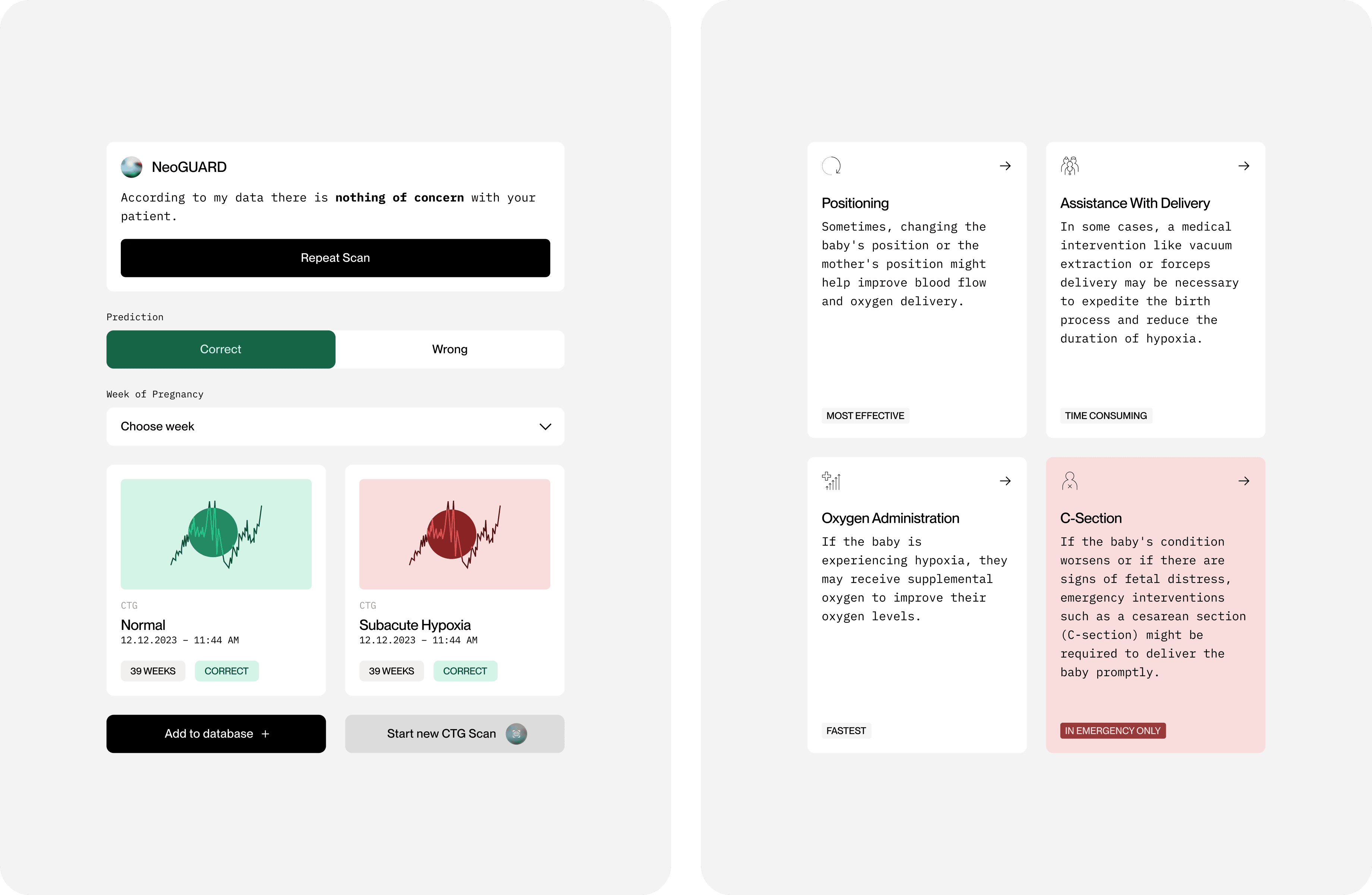 Zwei App-Screens eines Tools zur fetalen Überwachung zeigen normale und hypoxische CTG-Scans sowie medizinische Empfehlungen für Geburtsinterventionen.