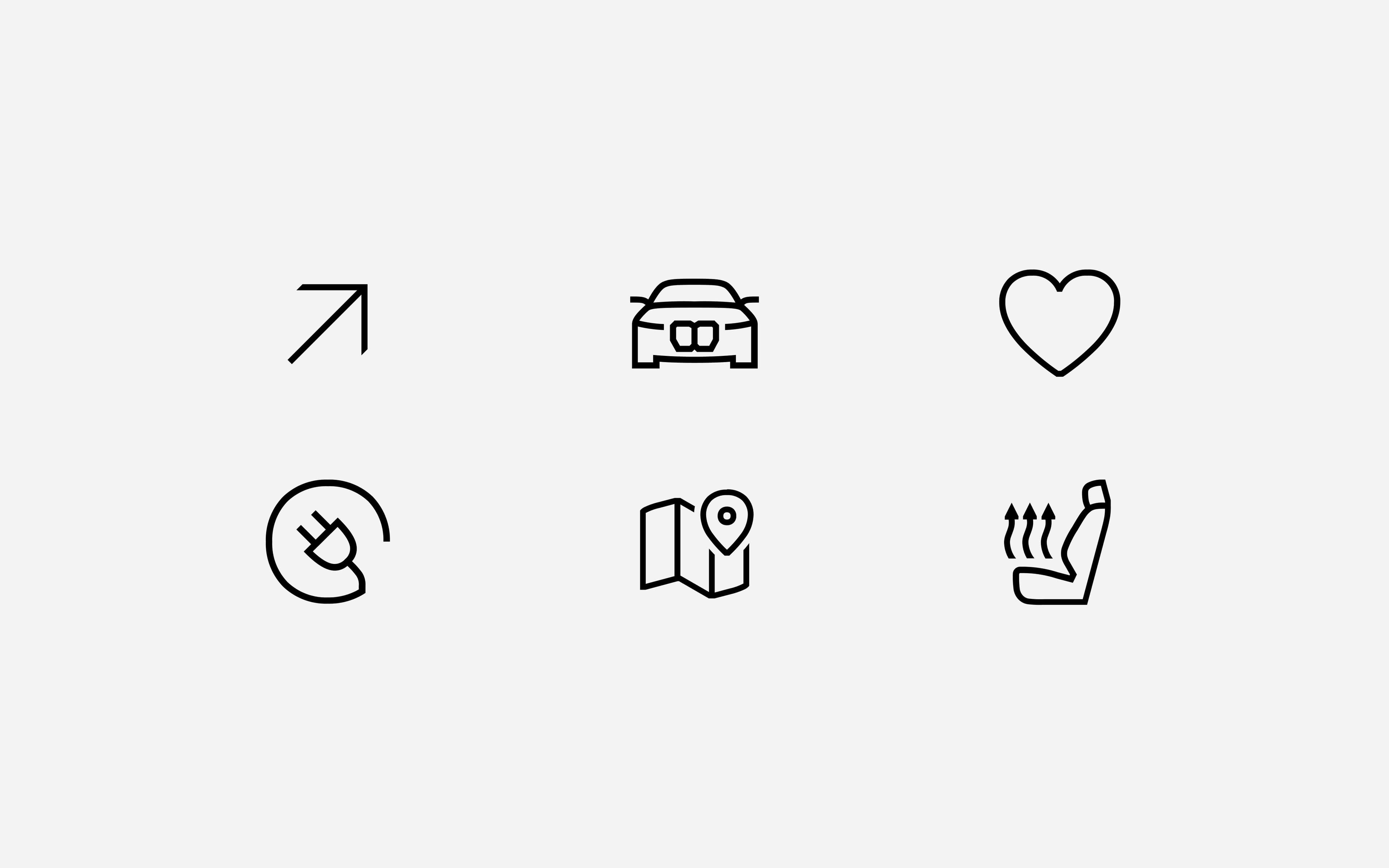 Sechs Liniensymbole/Icons: ein Ausklapppfeil, ein Auto, ein Herz, ein Stecker, eine Karte mit Standortmarkierung und ein beheizter Sitz.
