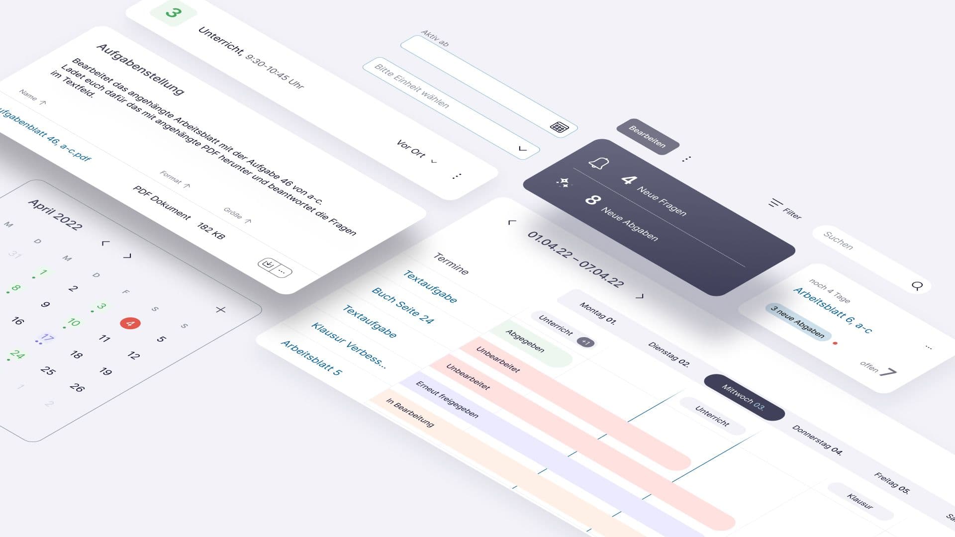 Benutzeroberfläche einer digitalen Planungs- und Verwaltungssoftware mit Kalender, Aufgabenverwaltung und Terminübersicht in einem modernen UI-Design.