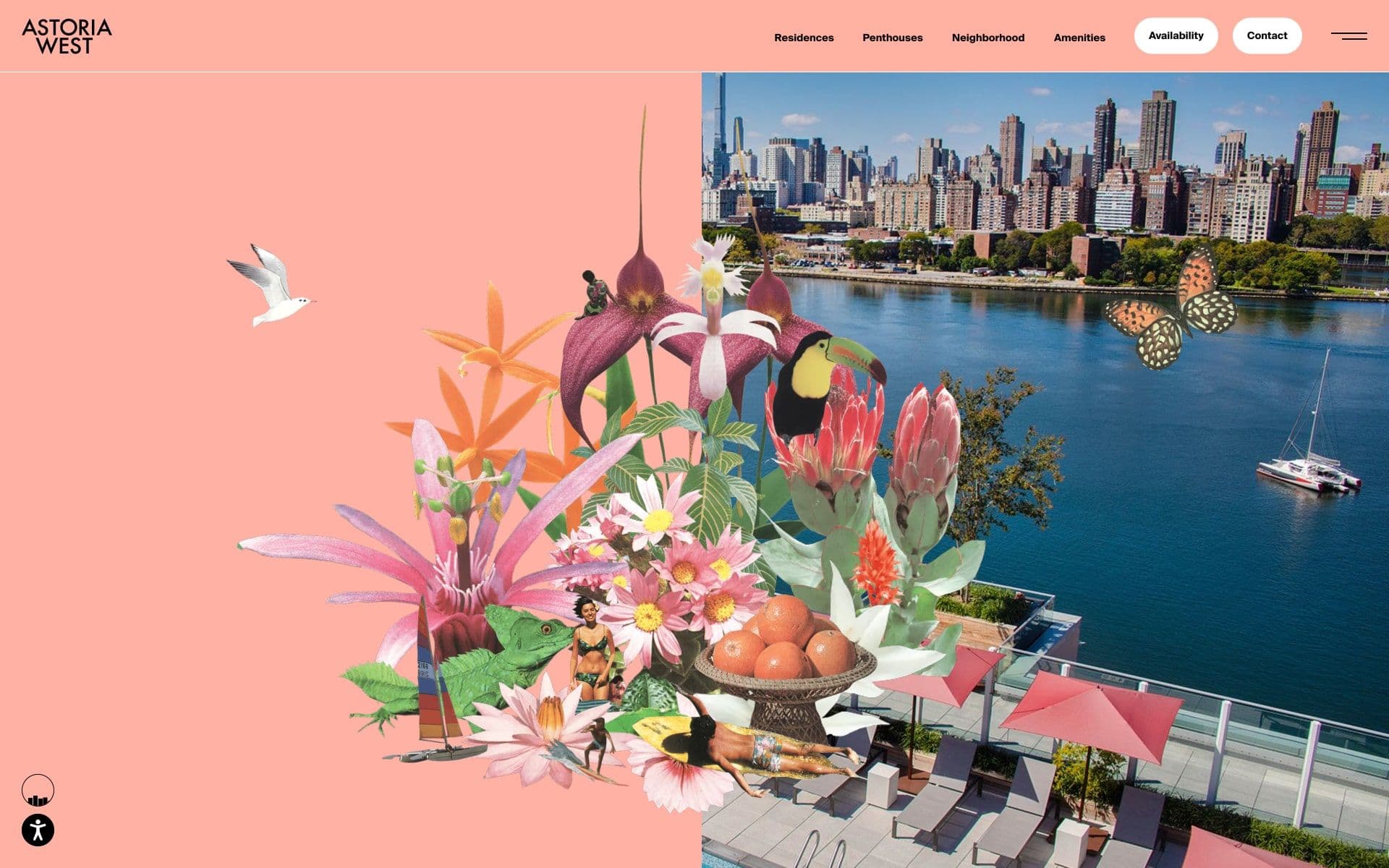 Astoria West website homepage with a vibrant collage of tropical elements and people on a peach background blending into a city skyline, river, and rooftop pool.