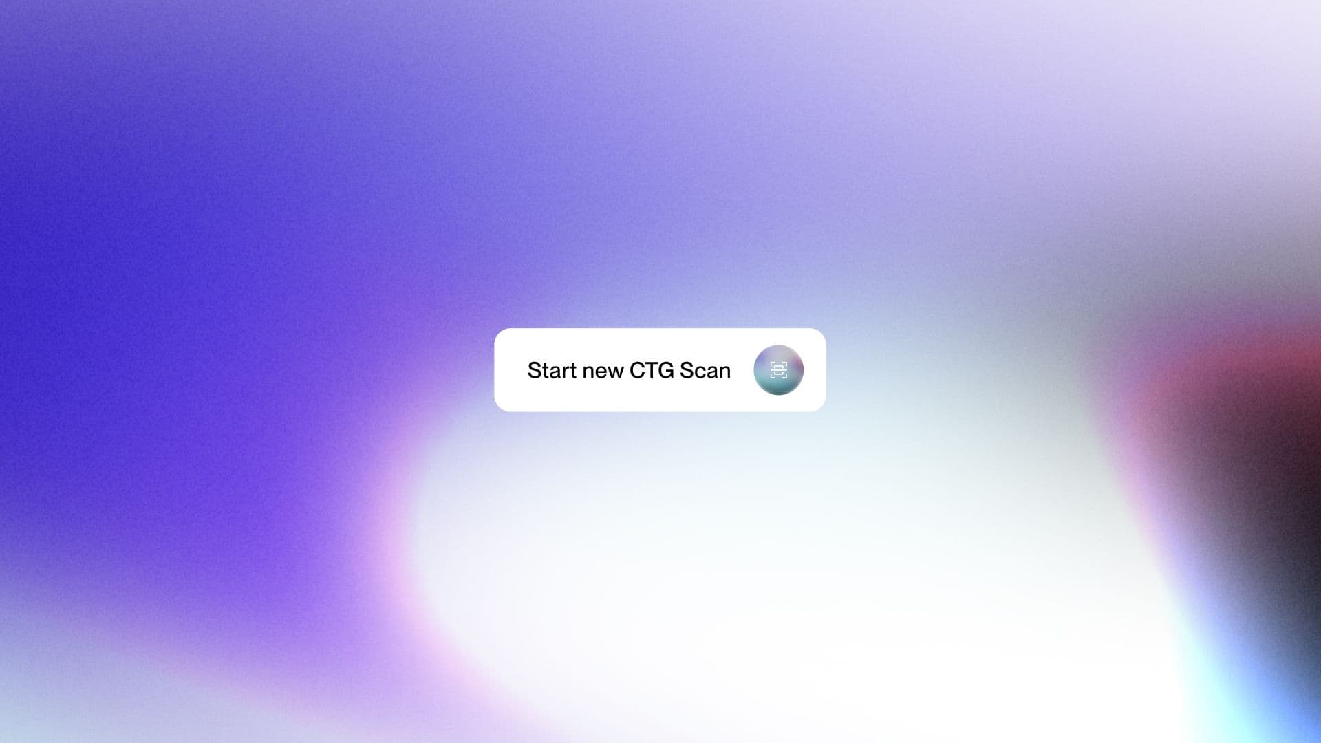 Button mit der Aufschrift „Start new CTG Scan“ und schillerndem Symbol vor unscharfem lila-weißem Farbverlauf.