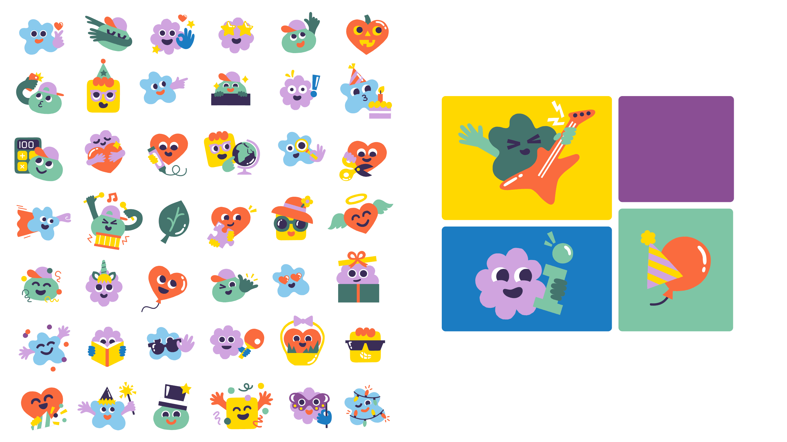 Ein Raster aus bunten Cartoon-Emojis auf der linken Seite und vier größere Illustrationen rechts: ein grüner Charakter, der E-Gitarre spielt, ein lila Rechteck, eine lila Figur mit einer Glühbirne und ein Partyballon mit Hut.