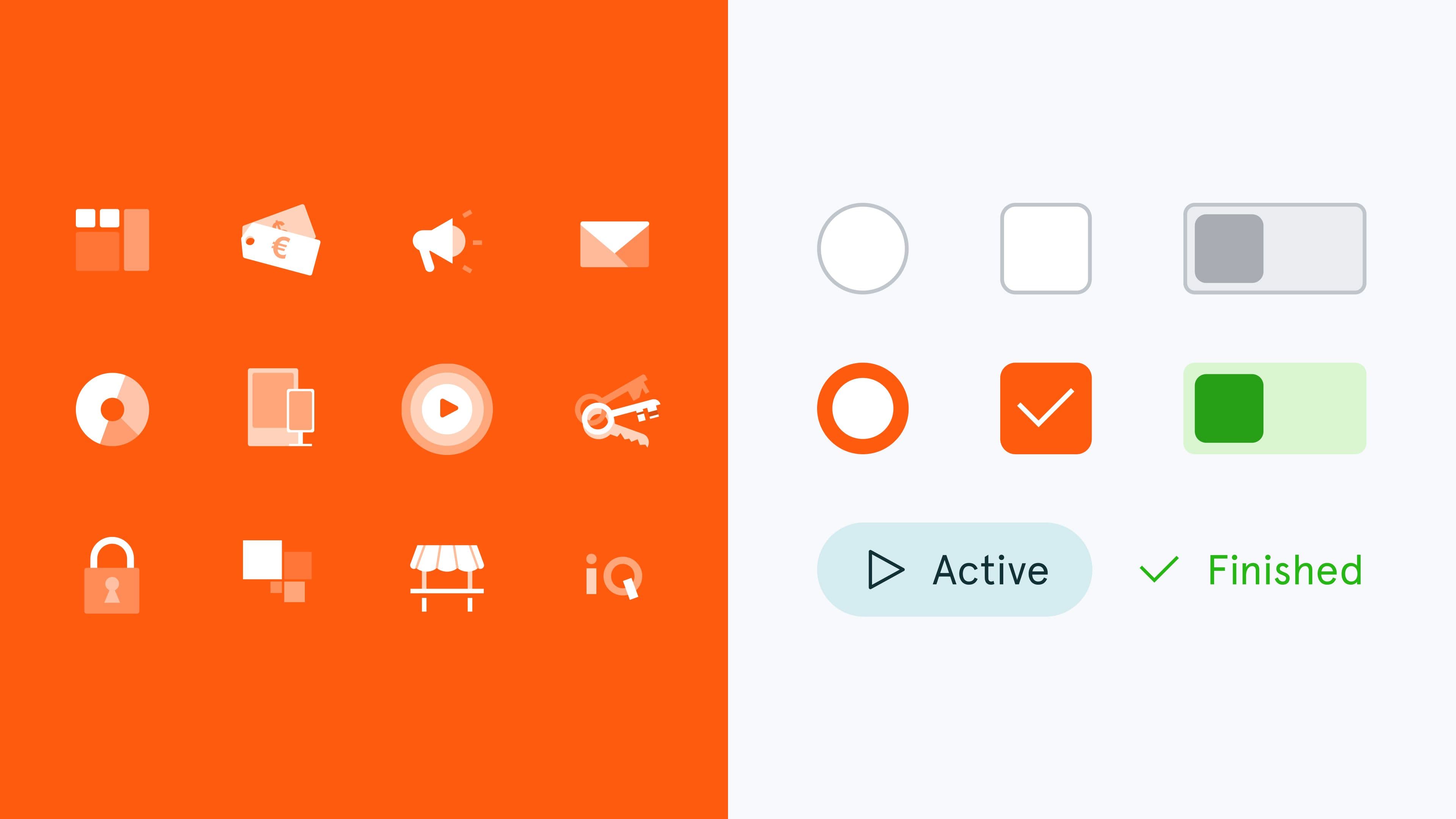 Flache Icons auf einem orangefarbenen Hintergrund und Benutzeroberflächen-Elemente in verschiedenen Zuständen auf einem weißen Hintergrund.