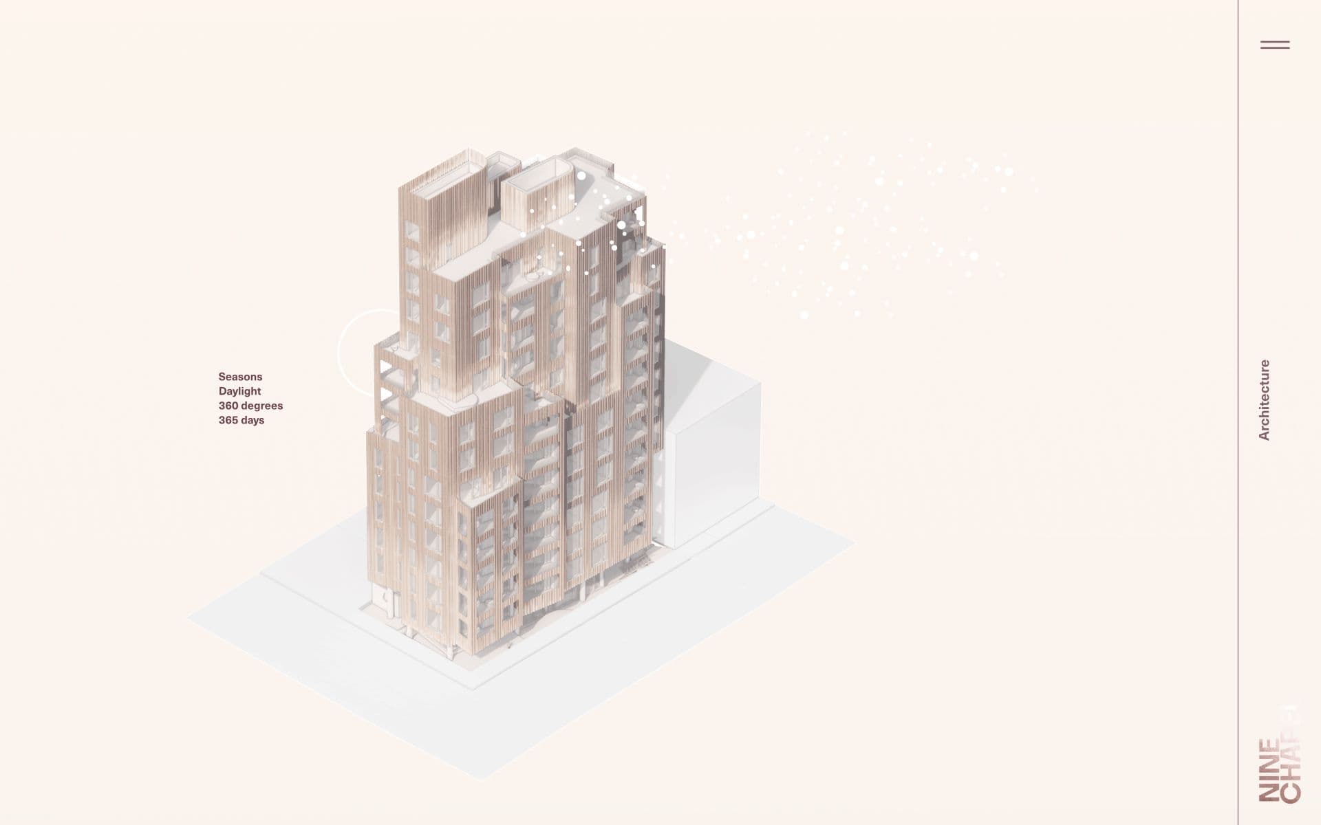 Light-colored architectural model of a multi-story building, with text 'Seasons, Daylight' and 'NINE CHAPEL Architecture'.