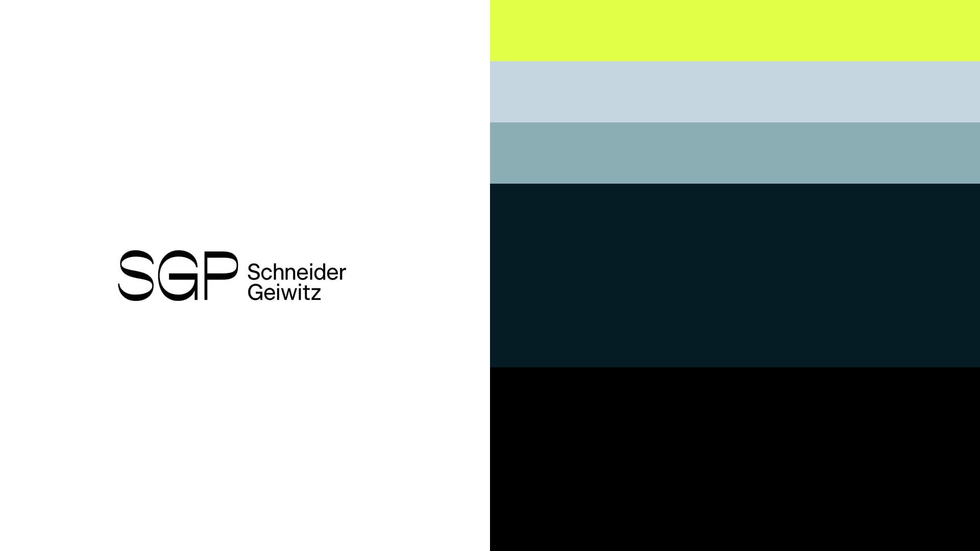 SGP Schneider Geiwitz logo on white, beside a column of horizontal color bars: neon yellow, light gray, blue-gray, dark blue, and black.